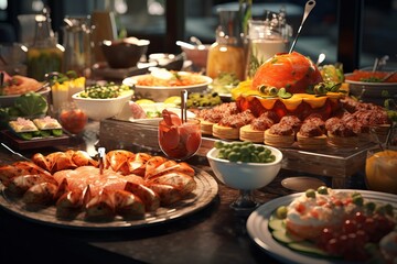 Catering buffet in a restaurant, festive catering, a variety of dishes in containers on the table