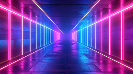 A tunnel of abstract neon lines formed by blue, pink, and purple stripes is a vibrant and eye-catching display that evokes a sense of energy and excitement. ai generated.