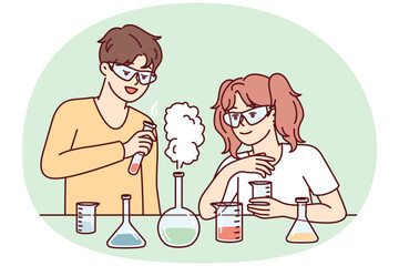 Youth boy and girl conduct chemical experiments standing near table with test tubes and pouring reagents. Elementary school students in goggles experimenting during laboratory work. Flat vector image