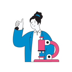 Medical concept with cartoon people in flat design for web. Woman working with microscope in laboratory and making scientific tests. Vector illustration for social media banner, marketing material.