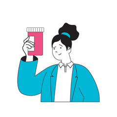 Medical concept with cartoon people in flat design for web. Woman works as pharmacist, consulting patients about pills in pharmacy. Vector illustration for social media banner, marketing material.