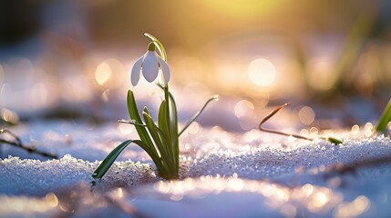 Beautiful snowdrop growing among the snow. Symbolizes the arrival of spring. Close-up. Springtime