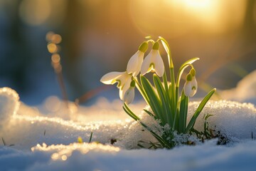 Beautiful snowdrop growing among the snow. Symbolizes the arrival of spring. Close-up. Springtime