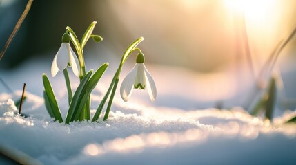 Beautiful snowdrop growing among the snow. Symbolizes the arrival of spring. Close-up. Springtime
