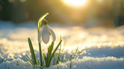 Beautiful snowdrop growing among the snow. Symbolizes the arrival of spring. Close-up. Springtime