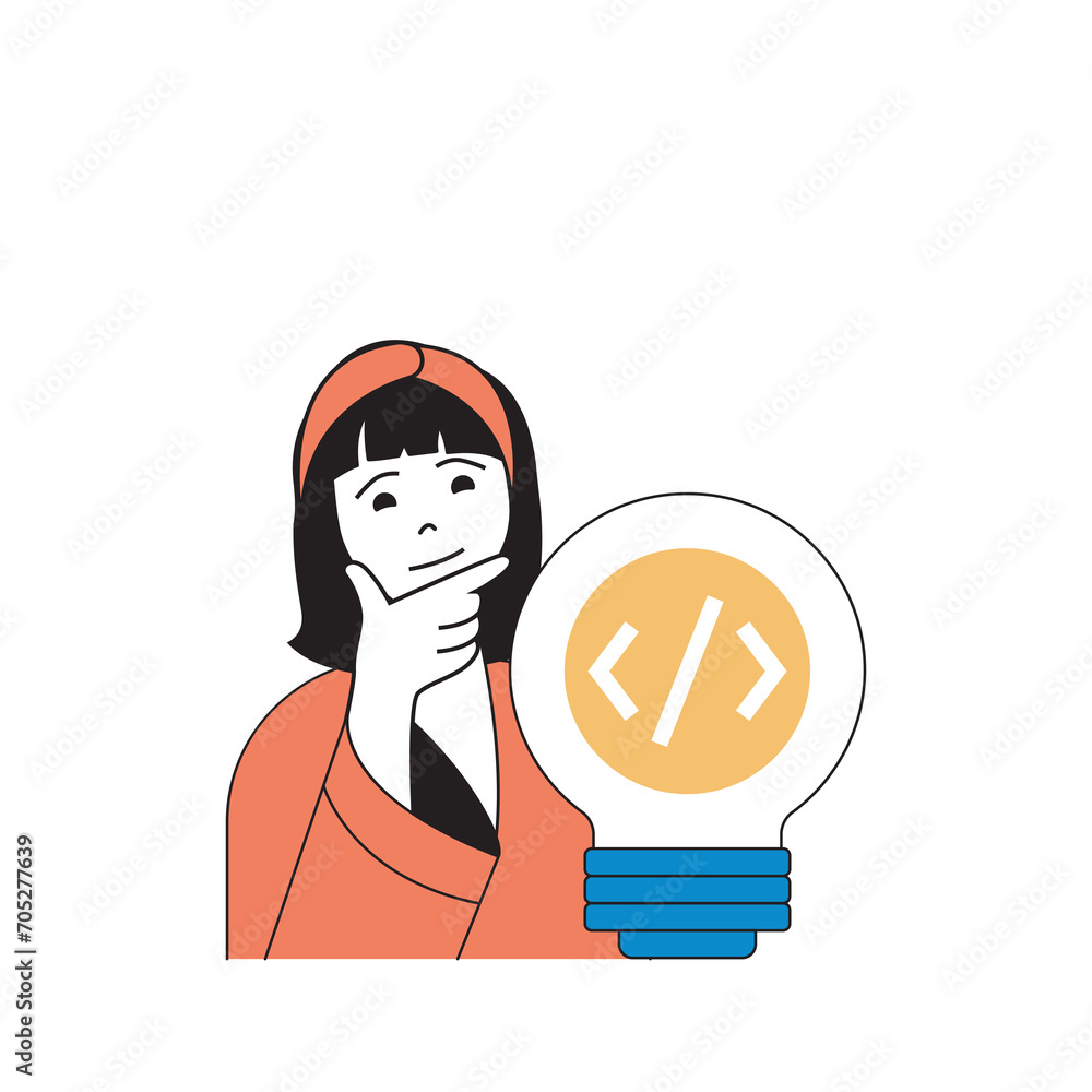 Poster programming concept with cartoon people in flat design for web. woman brainstorming, finding new ide