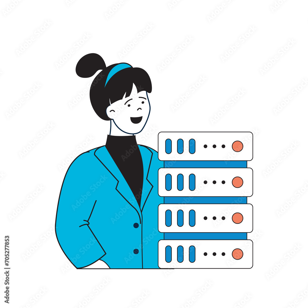 Poster programming concept with cartoon people in flat design for web. woman working as tech engineer and m