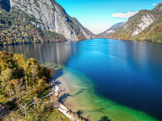 The drone aerial view of Lake Konigsee, Berchtesgadener land, Bavaria, Germany. The Königssee is a...