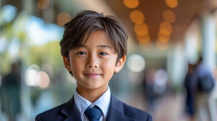 Portrait of a smiling 12-year old male Asian wearing private school uniform .