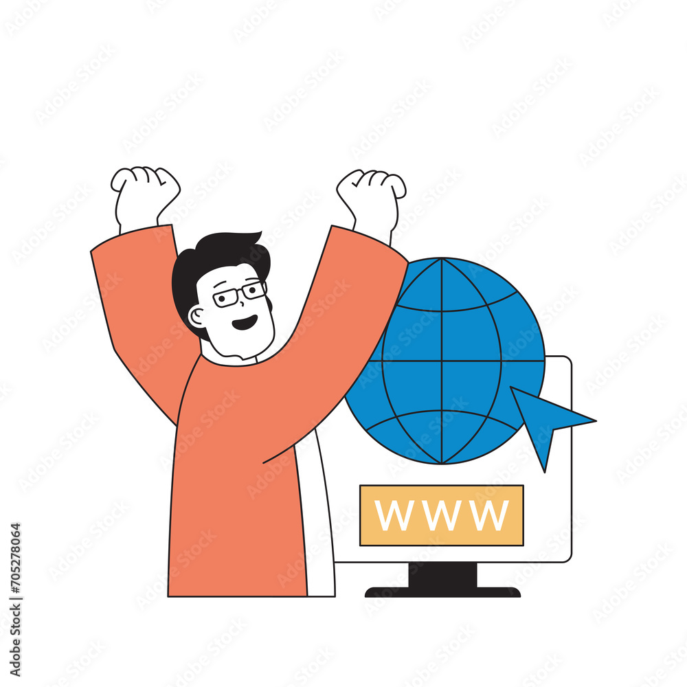 Poster programming concept with cartoon people in flat design for web. man working as freelance programmer 