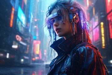 A young girl in cyberpunk style clothing against the background of a brightly glowing neon purple...