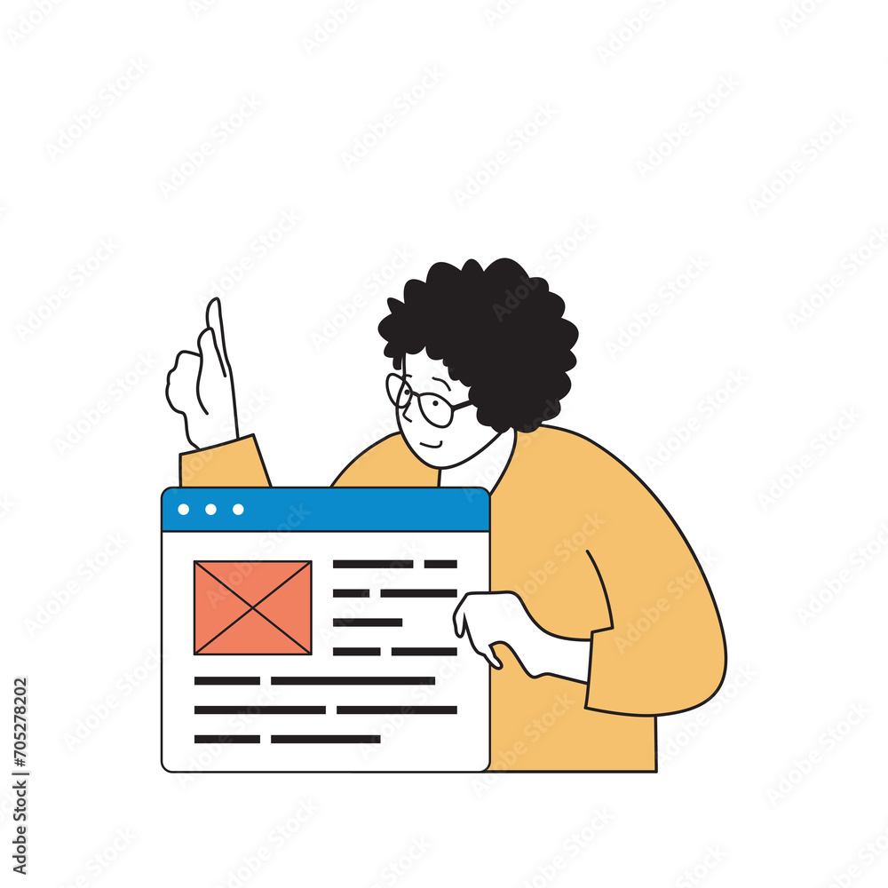 Poster programming concept with cartoon people in flat design for web. woman creating and settings software