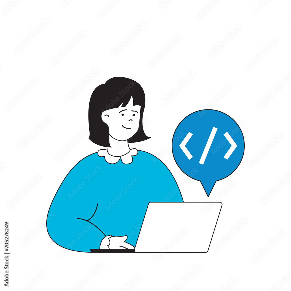 Poster programming concept with cartoon people in flat design for web. woman creating program code and scri