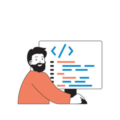 Programming concept with cartoon people in flat design for web. Man working with program code and scripts on computer screen in agency. Vector illustration for social media banner, marketing material.