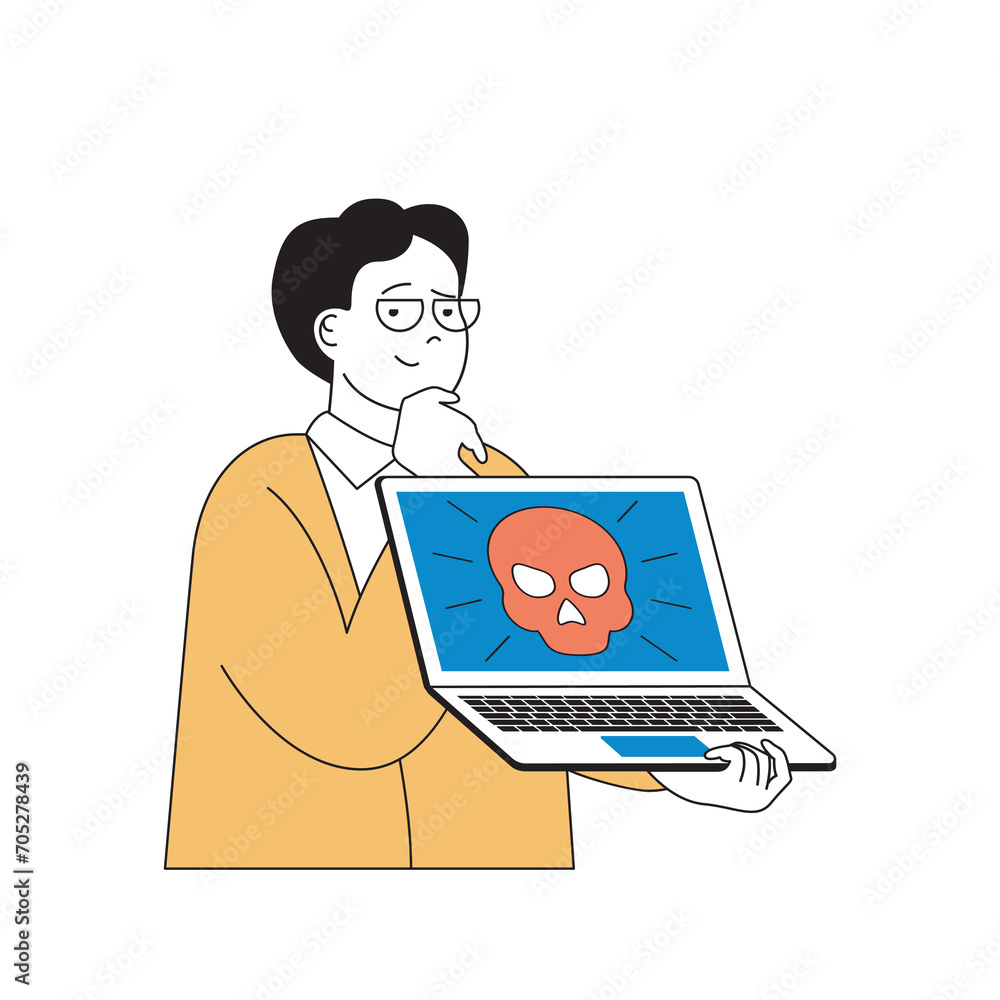 Fototapete Programming concept with cartoon people in flat design for web. Man works as programmer in security app company, fights hacker attack. Vector illustration for social media banner, marketing material.