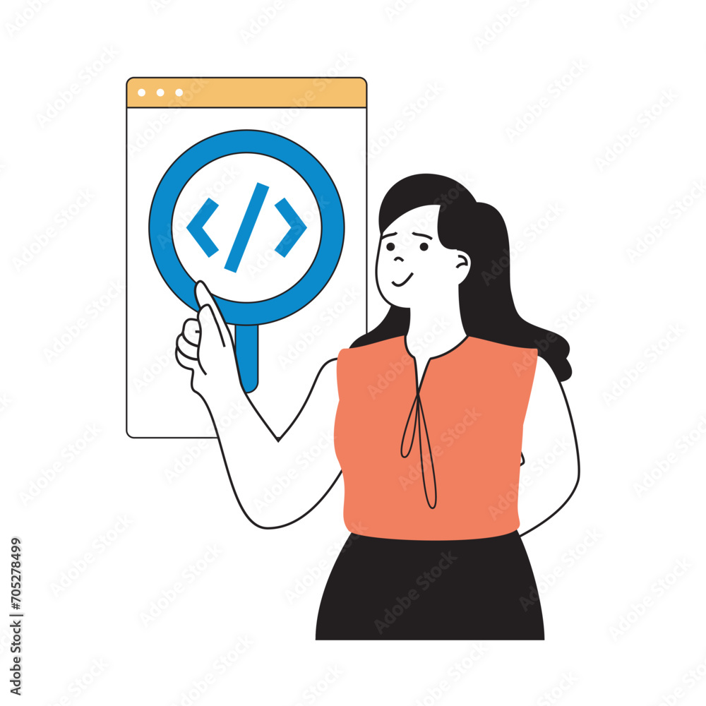 Leinwandbilder Programming concept with cartoon people in flat design for web. Woman works as programmer, researching software and fixing bugs. Vector illustration for social media banner, marketing material.