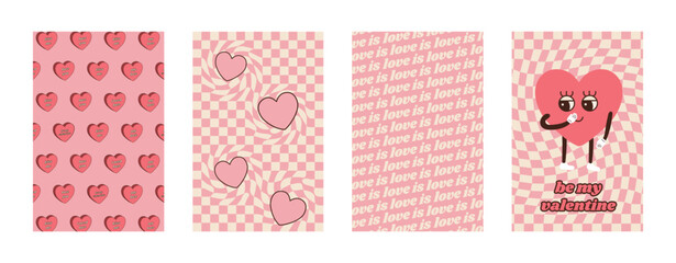 Groovy lovely hearts posters. Happy Valentine day with romantic pattern. Hippy Love concept. Trendy vector illustration in style retro 60s, 70s. Vector illustration