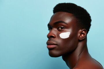 african american man with moisturizer on cheek against turquoise backdrop - obrazy, fototapety, plakaty