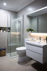 Modern bathroom interior with toilet, sink, and shower