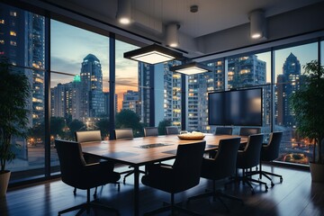 Modern conference room interior with city view at night - obrazy, fototapety, plakaty