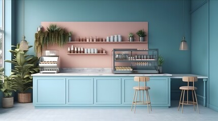 Realistic 3D render cafe interior design in pastel minimal style, Front view of coffee shop counter with bakery display and decoration plants. Blank blue wall panel, Morning sunlight, Homemade, mockup