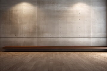 Wooden bench against a concrete wall with spotlights