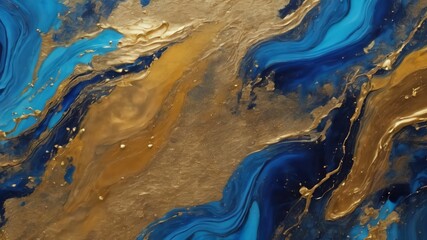 Abstract blue and gold marble texture with gold splashes, blue luxury background, Natural luxury abstract fluid art watercolor in alcohol ink technique.Created with Generative Ai technology