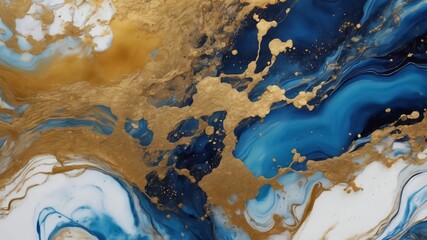 Fototapeta premium Abstract blue and gold marble texture with gold splashes, blue luxury background, Natural luxury abstract fluid art watercolor in alcohol ink technique.Created with Generative Ai technology
