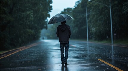 A man in a black jacket with  an umbrella walks down the road in the rain feeling lonely and depressed. Depression, loneliness and mental health concept