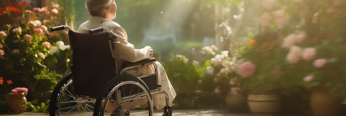 An elderly woman sitting in a wheelchair in the garden, a sick senior woman, banner