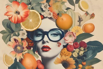 Close-up of a woman with red lips and oversized black sunglasses, her hair transformed into an intricate floral and citrus composition. Concept of spring, artistic beauty and surreal fashion