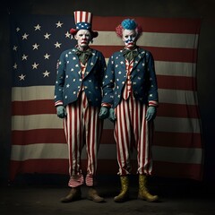 two clowns dressed in stripped red and white, with bright wigs and sad grimaces standing on a background of the American flag