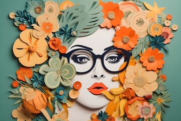 Surreal portrait of a woman with oversized black glasses and an extravagant headdress made of flowers plants. Concept of female beauty, blossoming and spring