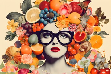 A surreal portrait of a woman with oversized black glasses and an extravagant headdress made of fresh fruits and flowers. Concept of food art and fashion fusion