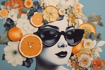 Artistic female portrait with bold black sunglasses and a surreal arrangement of sliced oranges and flowers around her head. Concept of surreal fashion and creative summer