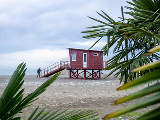 Palm trees against the backdrop of a cloudy gray sky. Rescue booth at sea in low season. Lifeguards are not working.