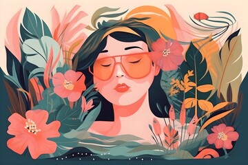 Young woman with dark hair wearing oversized sunglasses and surrounded by tropical flowers and leaves in soft pastel colors. Concept of summer relaxation and beauty