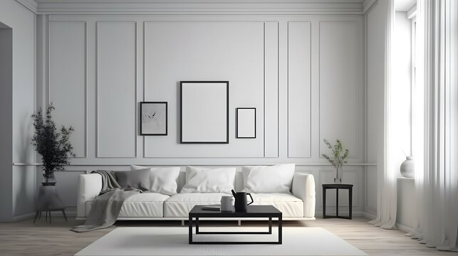 Fototapeta Blank picture frame mockup on gray wall. White living room design. View of modern scandinavian style interior with square artwork mock up on wall. Home staging and minimalism concept, Bright color, ul