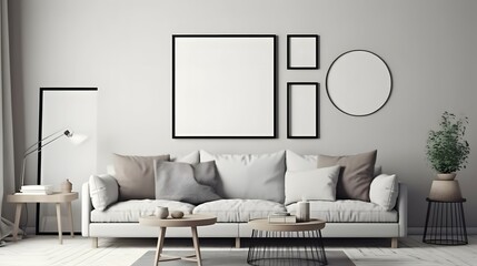 Blank picture frame mockup on gray wall. White living room design. View of modern scandinavian style interior with square artwork mock up on wall. Home staging and minimalism concept, Bright color, ul - obrazy, fototapety, plakaty