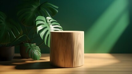 Realistic 3D render for products overlay. Blank log wood stool table among tropical monstera plants with sunlight, beautiful leaves shadow on green wall in background. Mock up, Display, Podium, Stand,