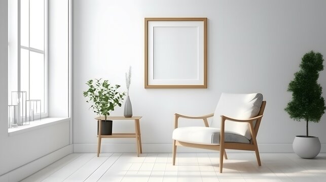 Blank picture frame mockup on white wall. White living room design. View of modern scandinavian style interior with chair. Home staging and minimalism concept, Bright color, ultra realistic