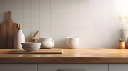 Fototapeta na wymiar 3D render close up blank empty space on beautiful wooden kitchen counter top with stylish kitchen ware, culinary, square white ceramic wall tiles. Morning sunlight, Cooking, Equipment, Background, Bri