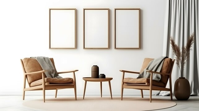 Blank picture frame mockup on white wall. Modern living room design. View of modern Boho style interior with chair, minimalism concept. Two vertical templates for artwork, painting, photo or poster, B