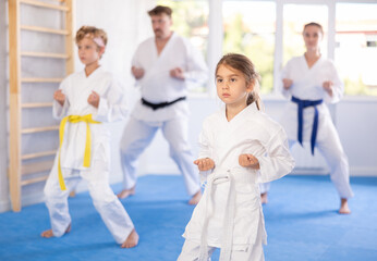 Fototapeta na wymiar Family with two children in kimono trains karate techniques in studio