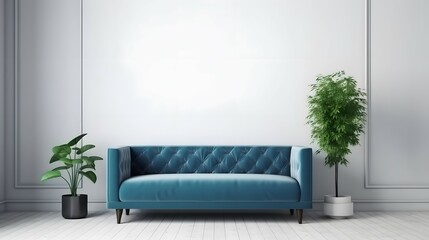 Empty living room with blue sofa, plants and table on empty white wall background, Bright color, ultra realistic