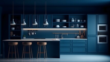 Cozy modern kitchen room interior design with dark blue wall, Bright color, ultra realistic