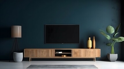 Modern interior of living room with tv on the cabinet on dark blue wall background, Bright color, ultra realistic
