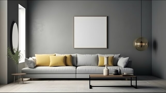 Blank picture frame mockup on gray wall. Modern living room design. View of modern loft style interior with sofa. Home staging and minimalism concept, Bright color, ultra realistic