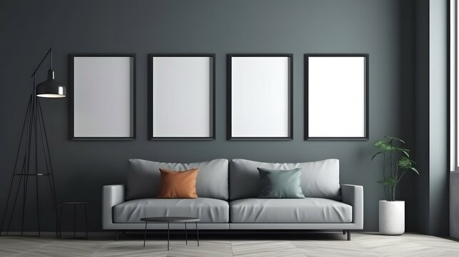 Three blank picture frames mockup on gray wall. Templates for painting or poster. Living room interior design. View of modern rustic style interior with artwork mock-ups, Bright color, ultra realistic