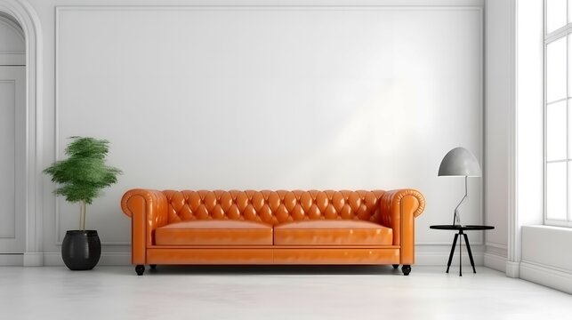 White wall interior living room have orange leather sofa and decoration minimal, Bright color, ultra realistic